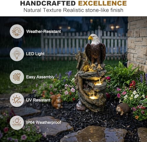Bald Eagle Outdoor Fountain, 40.5" H Large Cascading Waterfall Feature - Image 3