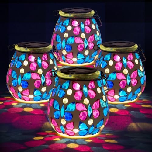 Stargarden 4 Pack Mosaic Solar Lanterns, Glass Hanging Lantern Outdoor by Stargarden