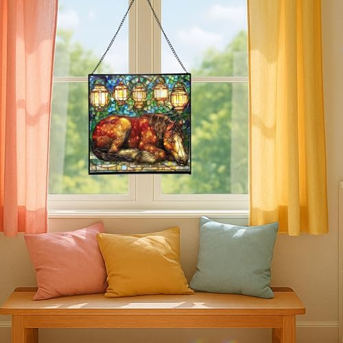 Bay Miniature Horse Curled Near Garden Lanterns Square Suncatcher – Stained Glass Style Window Panel with Pastoral Scene, Custom Decorative Hanging Art for Equestrian Home, Christmas rAWSQA - Image 5