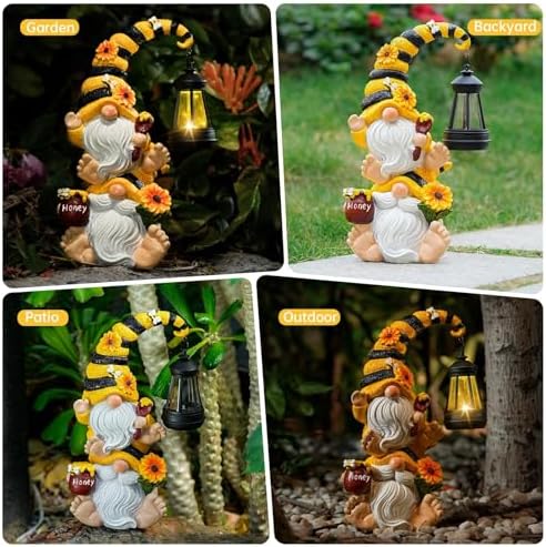 Solar Bee Garden Gnomes with LED Lantern, 12.2-Inch Outdoor Statue - Image 3