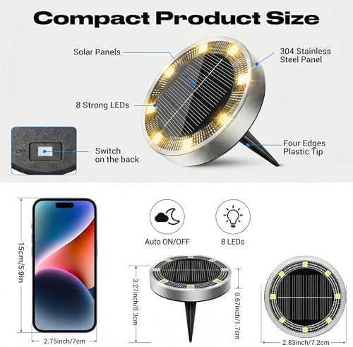 Peasur Solar Lights Outdoor Waterproof -12 Pack Solar Ground Lights Anti-Rust, Flat Solar Powered Disc Lights Landscape Lighting for Deck Step Patio Yard Pathway Walkway Driveway Garden, Warm White - Image 5