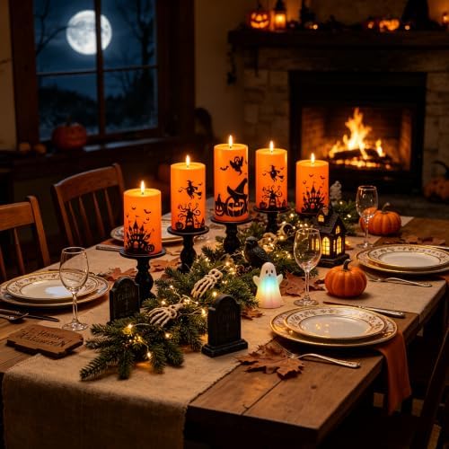 kakoya 5 Pack Halloween Flameless LED Pillar Candles, Orange Plastic Battery Operated Candles with 2 Remote Timer, Castle Pumpkin Witch Pattern for Halloween Spooky Decor - Image 4
