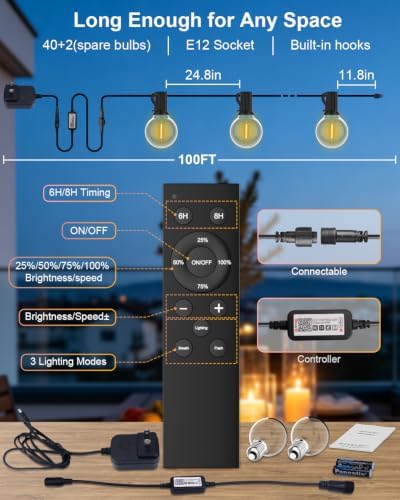 GLUROO Outdoor String Lights 100FT, Smart APP & Remote Control Dimmable Patio Lights with Timer, Plug in LED String Lights 2700K Warm White for Outside Backyard, Yard, Gazebo, Deck, Porch - Image 6