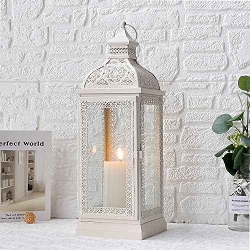TRIROCKS Rustic Style Metal Candle Lantern 19'' High Decorative Hanging Lantern Candle Holder with Tempered Glass for Christmas Living Room Garden Yard Patio Parties Events Indoors Outdoors(Cream) by TRIROCKS