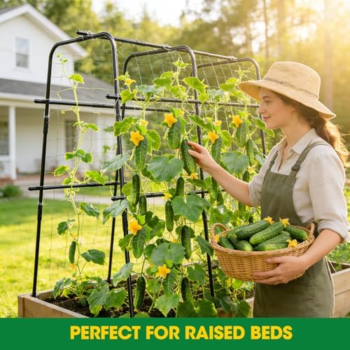 Cucumber Trellis for Raised Bed and Garden, 47" H x 47" W U-Shaped Metal Garden Trellis for Climbing Plants with Nylon Netting, Vegetable Support Frame - Image 4