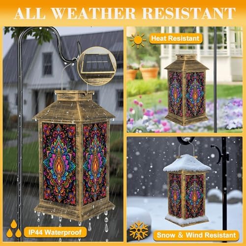 Solar Lantern Outdoor Waterproof Sea Turtle Aztec Mandala Ornament Traditional Floral Vintage Painting Garden Decor LED Hanging Solar Lights Tabletop Lamp Gifts for Women Mom Outside Yard Patio Porch - Image 3