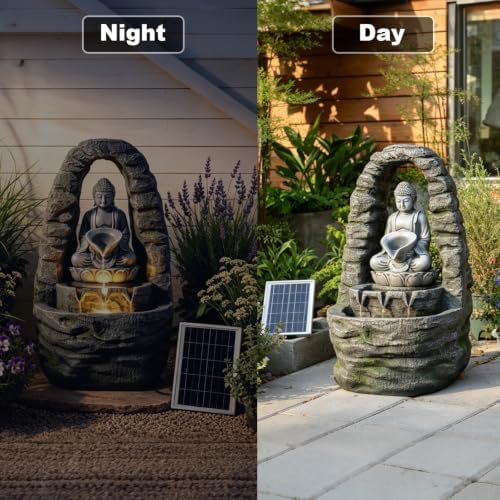 27.2" H Solar Water Fountain Outdoor with LED Lights, Zen Buddha Garden Water Feature with Cascading Flow for Patio Backyard Porch Decor - Image 4