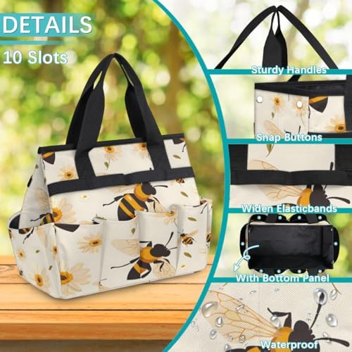 Bee Garden Tool Bag Organizer Heavy Duty Yellow Honey Floral Gardening Tote Bag with 10 Pockets for Women Men Gardening Gifts - Image 6