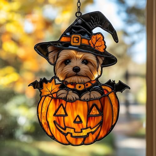 Cute Dog in Jack-o'-Lantern Acrylic Suncatcher by AVAGAN