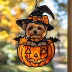 Cute Dog in Jack-o'-Lantern Acrylic Suncatcher by AVAGAN