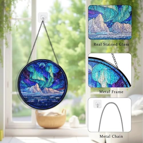 Stained Glass Window Hanging Mountain Sunset Porch Music Scene Sun Catchers Rustic Banjo Violin Lantern Floral Suncatchers for Home Porch Garden Indoor & Outdoor Decor (9.8x9.8 in) - Image 6