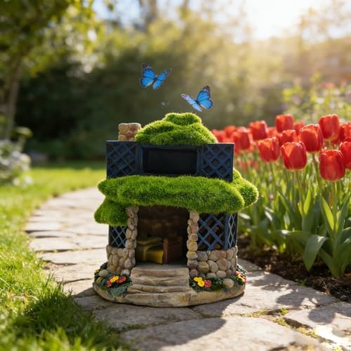 COWOS Solar Powered Fairy House Garden Statue, Resin Miniature Moss Stone Cottage with LED Lights, Outdoor Fairy Garden Figurine Ornament for Patio Yard Lawn Flower Bed Decor, Gift for Garden Lovers by COWOS
