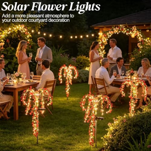 Solar Garden Lights Outdoor Waterproof, 4 Pack Solar Flower Lights Outdoor with Red Eucalyptus Flowers & 2 Lighting Modes, Decorative Solar Lights Outdoor for Yard Patio Lawn Decor, Gifts - Image 5