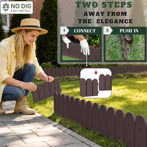 Evelyne Garden Border Plastic Edging: Wooden Fence Design - 16pcs Brown Yard Landscaping Fence Liner Lawn Edge Barrier - 20ft Kit of Decorative Lawn Panels Elements -Landscaping Edging-GMT-10374-A16 - Image 6