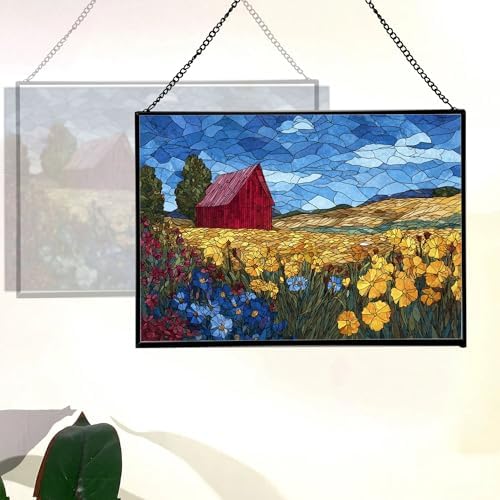Barn Surrounded by Summer Wildflowers Rectangular Stained Glass Suncatcher – Hanging Window Panel with Animal & Nature Scene – Vibrant Glass Art Gift for Wildlife, Fantasy, Nature Lovers 5PBAyy - Image 3