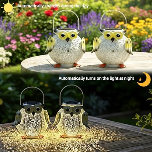 2 Pack Hanging Solar Lanterns - Garden Light Waterproof Metal Decorative Solar Lantern Lights Outdoor for Patio Yard Table Pathway (White owl 2pk) - Image 3