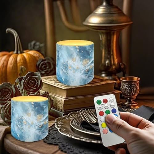 Blue Marble Flickering Flameless Candles 4Pcs Battery Operated LED Candles with Timer Remote Plastic Pillar Tea Lights for Outdoor Beach Wedding Coastal Home Decorations - Image 3