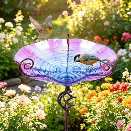 MUMTOP Glass BirdBaths, Garden Outdoor Birdfeeder with Metal Stake, Purple - Image 2