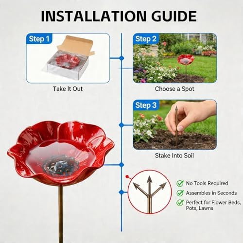 Flower Garden Stake Metal Bird Bath with Bee Watering Station, 3 in 1 Handmade Pollinator Feeder for Outdoor Yard Decor(Bright Red Poppy,3) - Image 6
