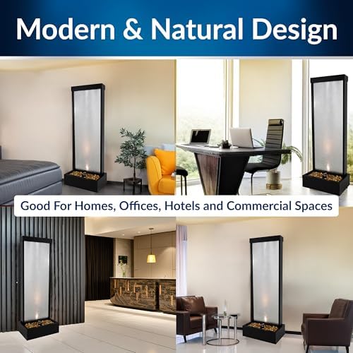 Alpine Corporation MLT170L 72" Waterfall Fountain with LED Light Cascading Textured Glass & Aluminum Floor Design, Indoor, Black - Image 3