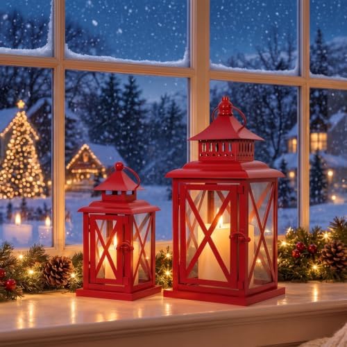 NEEDOMO Christmas Lanterns, Set of 2 Red Candle Lanterns for Porch, Large Vintage Metal Lanterns, Farmhouse Christmas Decor for Patio, Fireplace Mantel, Table, Pathway & Garden - Image 4