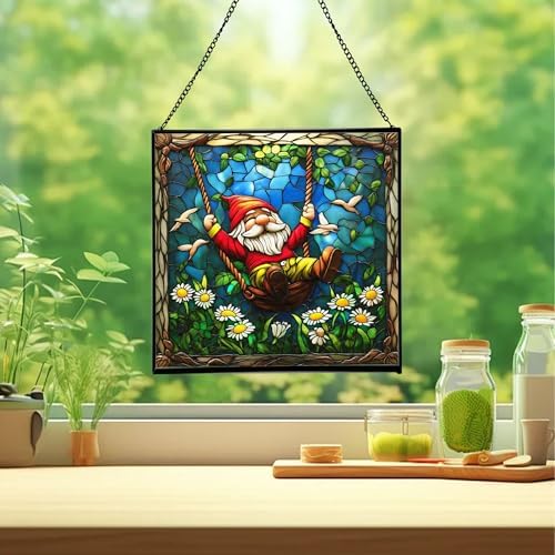 Swinging Garden Gnome Stained Glass Suncatcher – Square Hanging Window Panel for Home or Greenhouse – Whimsical Glass Art Gift for Garden Lovers, Christmas, Halloween, Father Days 5tGEG5 - Image 2