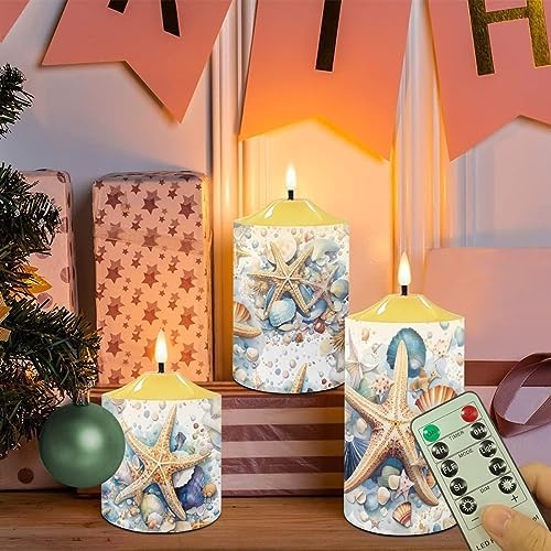 Cozeyat Flameless LED Candles Battery Operated, Summer Starfish Beach Scenery Design 4/6H Timers Flickering Realistic Pillar Tealights Set of 3, Waterproof Candles Home Decor - Image 5