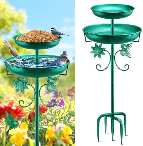 Daoeny Bird Bath for Outside, 42In Vintage Freestanding Birdbaths for Outdoors, Double Metal Bird Bath Feeder Bowls for Garden Patio Yard Lawn Decor, Upgraded 5-Pronged Base (Green) by Daoeny