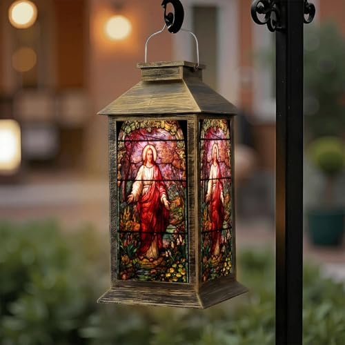 Solar Lantern Outdoor Waterproof Gethsemene Stained Glass Texas Garden Decor LED Hanging Solar Lights Tabletop Lamp Gifts for Women Mom Outside Yard Patio Porch by DERUINVAIO