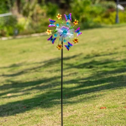 44" Butterfly Wind Spinners Garden Stake, Solar Flower Butterfly Wind Sculpture Yard Art Decorations for Lawn, Patio & Yard & Garden Decor, Metal Whirligigs Wind Spinners Outdoor Decor - Image 6