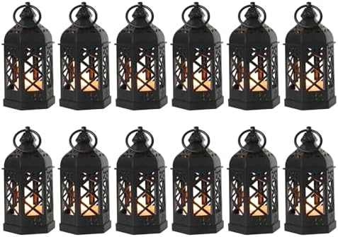 12-Pack Mini Lanterns with Flickering LED Candles for Ramadan, Moroccan Decorative Hanging Lanterns for Halloween, Christmas, Wedding, Black Lantern for Table Centerpiece, Home & Party Decor by ReperlaSpecialMiniSmallLanternDecoration