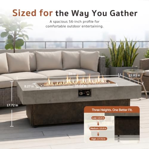Gaspro 56 Inch Tabletop Propane Fire Pits, 50000 BTU Outdoor Firepit Table with Three Height Adjustable Levels, Stainless Steel Bowl & Burner, Cement-Imitation Texture for Patio Backyard Garden - Image 2