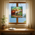 White Shire Horse Pulling Wagon at Twilight Square Suncatcher – Stained Glass Style Window Panel with Pastoral Scene, Custom Decorative Hanging Art for Equestrian Home, Christmas meyEOR - Image 6