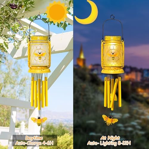 1 Pack Solar Bee Wind Chimes for Outside, Mother' s Day Gifts for Mom Women Grandma, Solar Mason Jar Wind Chime Light Unique Hanging Wind Chimes Outdoor, IP65 Waterproof for Yard Garden Terrace - Image 6