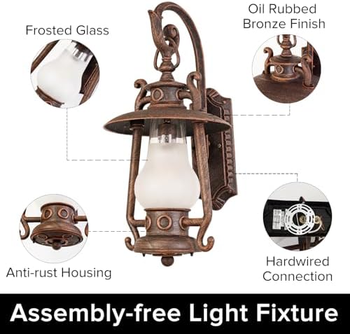GZBtech Large Rustic Lantern Wall Sconce Outdoor, Vintage Rust Color Exterior Sconce Light, 110V Waterproof Kerosene Wall Mounted Lighting Fixture with Frosted Shade for Porch Garage Room, UL Listed - Image 4