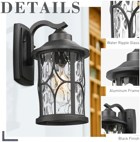 zeyu Modern Outdoor wall Lights, 12 Inch Exterior Wall Lantern, Cast Aluminum with Water Ripple Glass, Black Finish, ZX48BWG BK - Image 3