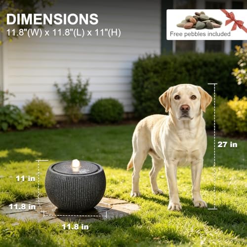 11" H Outdoor Water Fountain with Warm LED Light, Small Bubbler Garden Fountain for Patio, Porch, Yard & Deck, Modern Round Water Feature - Image 2