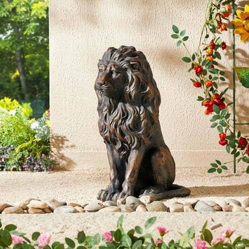 Large Brown Lion Garden Statue, 20.47" Resin Regal Sitting Lion Sculpture for Front Door, Luxury Home Entrance Guardian Decor, Outdoor Animal Figurine, Feng Shui Protection Beast - Image 7