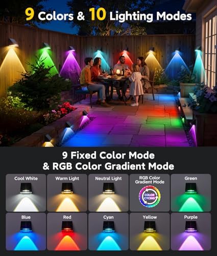 KOOPER Solar Fence Lights Outdoor Waterproof 10 Pack, Solar Fence Lights with Ultra-Bright LED Lens, 10 Modes & 9 Colors Outdoor Solar Lights for Fence, Backyard, Railing, Patio, Wall, Step, Deck - Image 5