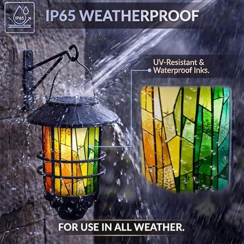 Solar Lanterns Outdoor Hanging Lights Colorful Stained Glass Window Glass Wall Lantern 2 Pack, Waterproof Decorative Solar Sconce with Wall Mount Kit for Garden Porch Fence Chicken Coop Summer Decor - Image 3
