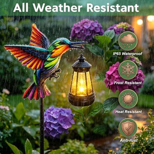2 Pack Hummingbird Solar Garden Lights Waterproof Outdoor Metal Stakes with Solar Lantern Gifts for Women Mom Grandma Birthday for Path Yard Patio Porch Lawn (Warm White, Colorful Hummingbird) - Image 4