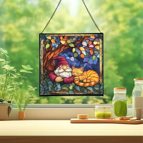 Gnome and Cat Nap Stained Glass Suncatcher – Square Hanging Window Panel for Home or Greenhouse – Whimsical Glass Art Gift for Garden Lovers, Christmas, Halloween, Father Days YLlkJi - Image 2