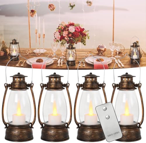 Vintage Lantern Decor, 4-Pack Flickering LED Candle Lantern with Remote Small Sized Lantern Indoor Outdoor Hanging Lanterns for Wedding Centerpiece,Halloween,Christmas,Farmhouse Decorations by ReperlaSpecialMiniSmallLanternDecoration