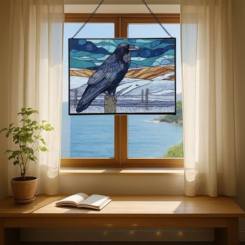 Raven Sitting on Frosted Fencepost Rectangular Stained Glass Suncatcher – Hanging Window Panel with Animal & Nature Scene – Vibrant Glass Art Gift for Wildlife, Fantasy, Nature Lovers U61mJ6 - Image 6