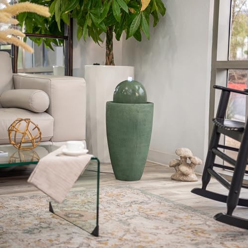 XBrand 25.98" H Green Round Stone Indoor/Outdoor Modern Sphere Water Fountain with LED Lights – Ball Bubbling Fountain Décor for Garden, Patio, Or Tabletop - Image 2