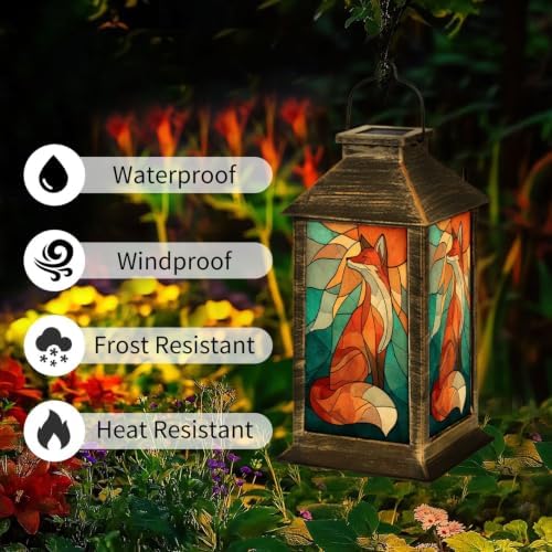 Solar Lantern Mid Century Stained Glass Fox Outdoor Waterproof Garden Hanging Lantern Solar Powered Lighting Outside Solar Light for Patio Yard Camping, Gifts for Women Mom - Image 3