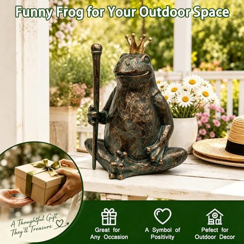 Frog Garden Statue, Yard Decorations Outdoor Decor, Weather-Resistant Animal Figurines & Sculptures, Seated Prince Frog with Scepter for Patio & Lawn, 11.5" H×9.8" L - Image 7