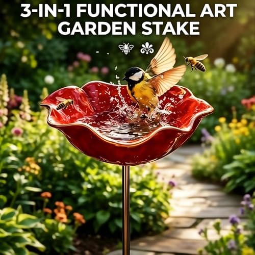 Handmade Metal Flower Garden Stake, 2 in 1 Detachable Outdoor Bird Bath & Pollinator Water Station, Weatherproof Bee Butterfly Drinking Bowl, Colorful Yard Lawn Art Decor Ornament (4, Green) - Image 3