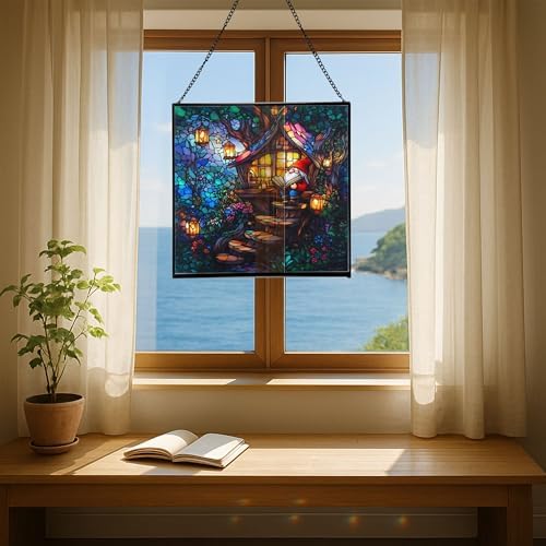Gnome Reading in Treehouse Stained Glass Suncatcher – Square Hanging Window Panel for Home or Greenhouse – Whimsical Glass Art Gift for Garden Lovers, Christmas, Halloween, Father Days Nmi7V5 - Image 6