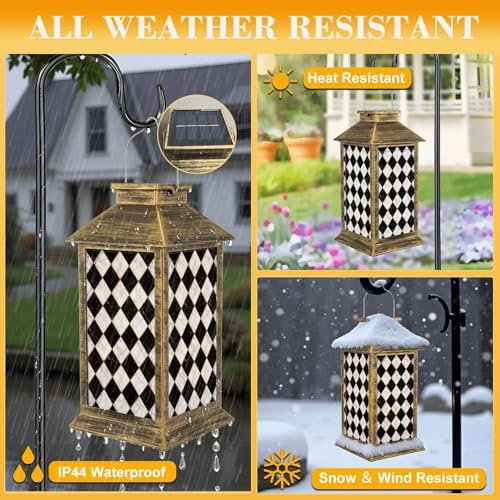 Solar Lantern Outdoor Waterproof White Black Check Marble Seamless Repeat Diagonal marbling Garden Decor LED Hanging Solar Lights Tabletop Lamp Gifts for Women Mom Outside Yard Patio Porch - Image 3